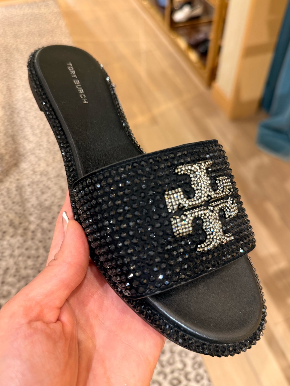 Tory Burch Everly Crystal Logo Rhinestone Slide Sandals, Black / Clear / Silver - Picture 4 of 5